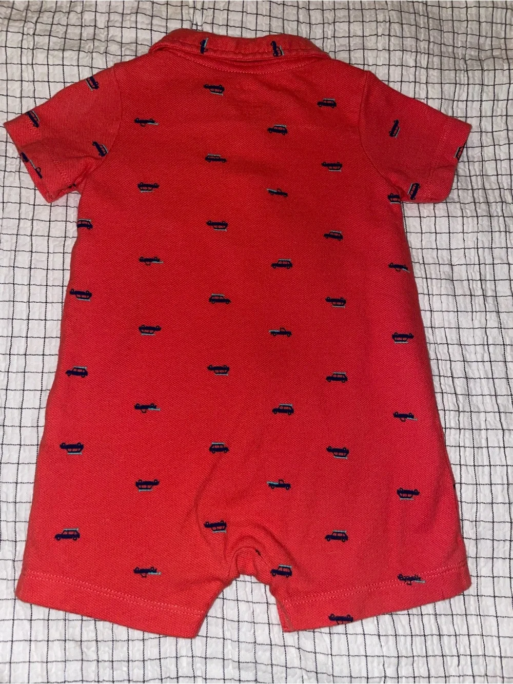 Carter's Coral Red Polo-Style Baby Romper with Navy Car Embroidery